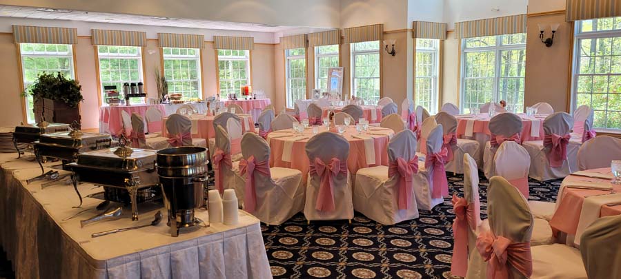 An interior shot of the banquet tables at the Harbor Pines Golf Club.