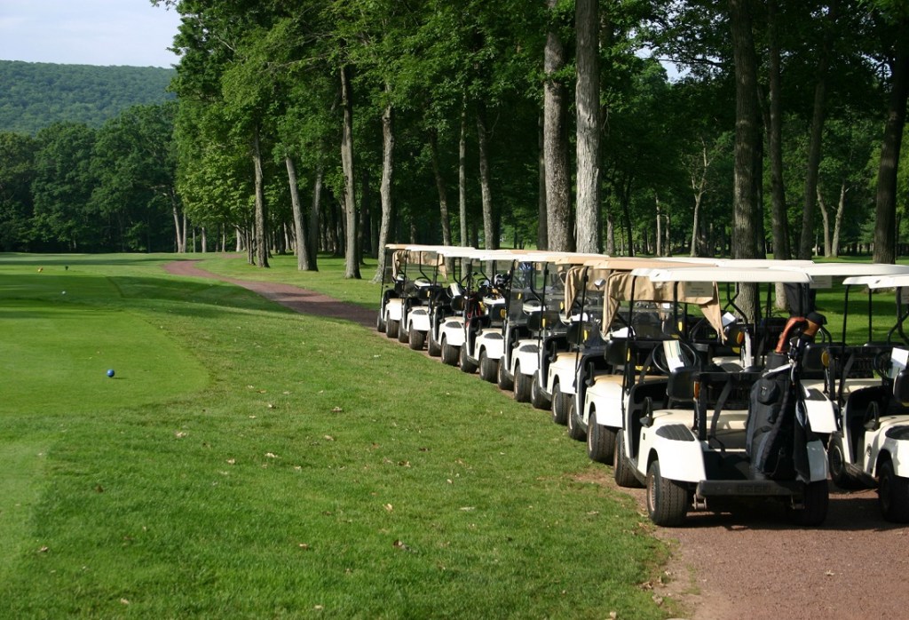 A line of white carts can be seen, resting along the cart path at the Harbor Pines Golf Course. 